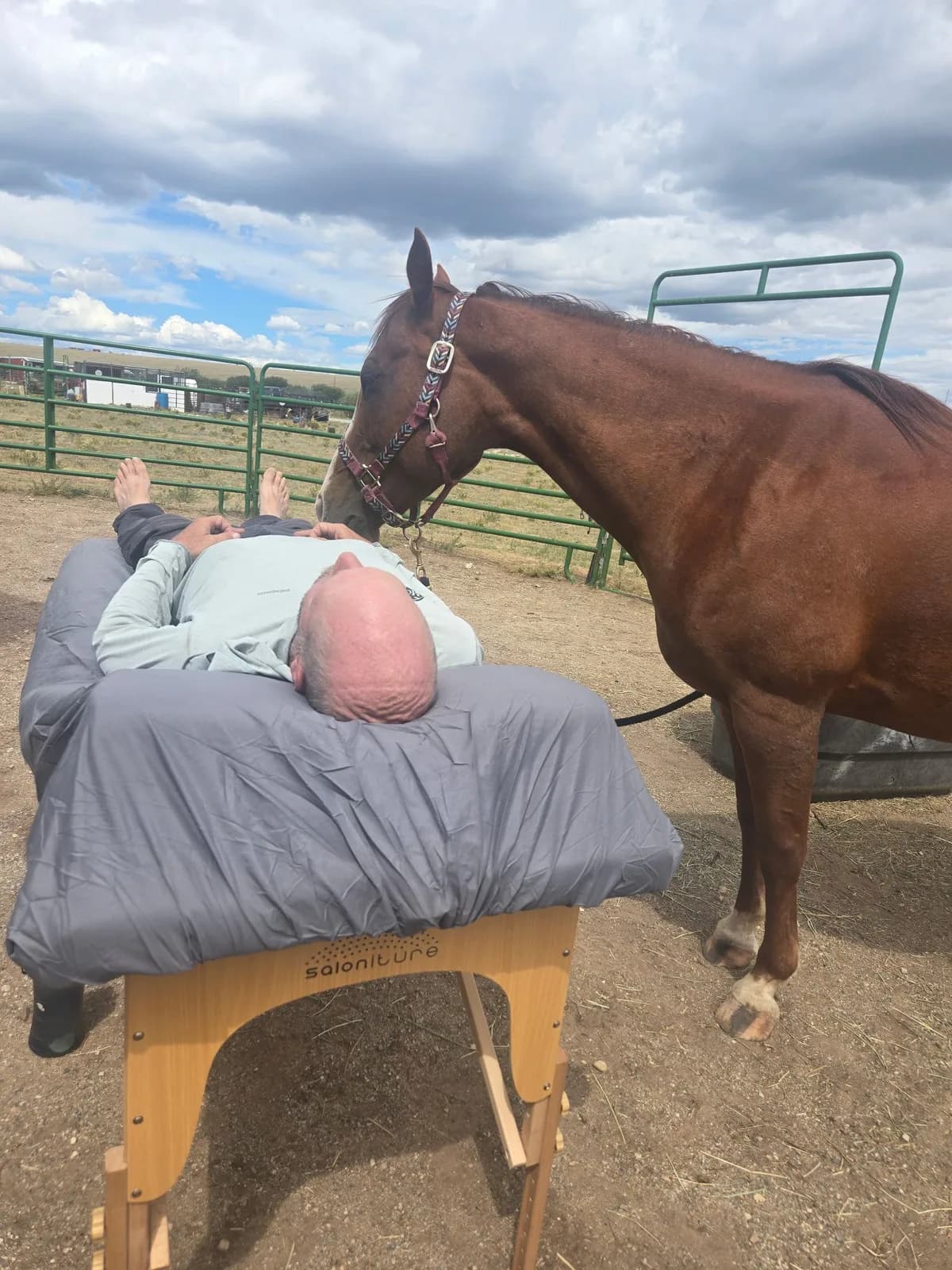 A client resting face down on a massage table in a fenced pasture while a chestnut horse stands over them, nose lowered toward their head.